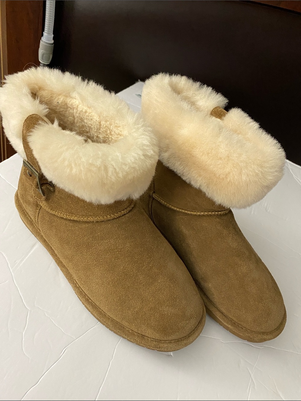 BearPaw Women's Suede Shearling Cuff Ankle Booties in Camel 1257W-ABBY SIZE 10 - Picture 3 of 14